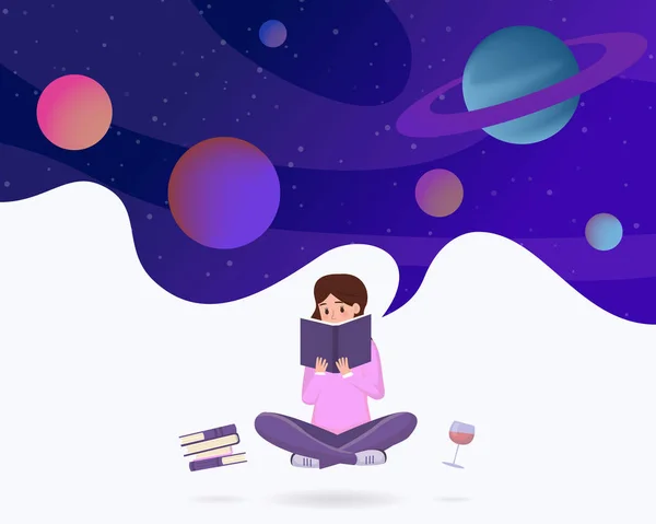 Immersed in reading metaphor vector illustration. Young girl in lotus pose enjoying sci fi literature, fantasy novel cartoon character. Female student reading space exploration textbooks — Stock Vector