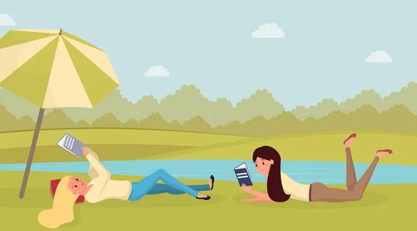 Girls reading outdoors flat illustration. Young women, friends lying on grass in park with books cartoon characters. Clever students revising for exam outdoors, summertime relax concept — 스톡 벡터