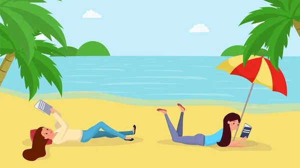 Reading books on beach flat vector illustration. Young girls, tourists enjoying interesting novels during summertime vacation. Summer holiday recreation idea, pleasant and useful pastime concept — 스톡 벡터