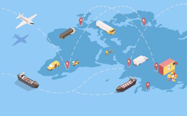 Dünya çapında mal sevkiyatı izometrik illüstrasyon. Uluslararası ticaret yolları ve çeşitli ulaşım araçlarıyla küresel dağıtım hizmeti. Lojistik şirketi transatlantik nakliye