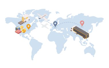 Transatlantik mal nakliyesi izometrik çizimler. Avrupa 'da ulaşım terminali olan uluslararası lojistik şirketi. Küresel ticaret yolu, kargo ve hava sevkiyat hizmeti konsepti