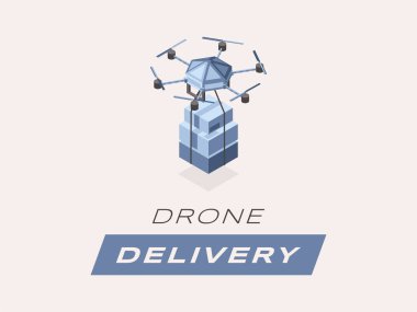 Drone teslimatı izometrik pankart şablonu. Paketler ve kutular eşleştirilmiş üç boyutlu dörtgen karikatür. Fütürist ekspres sipariş sevkiyatı, modern posta hizmeti nakliye seçeneği