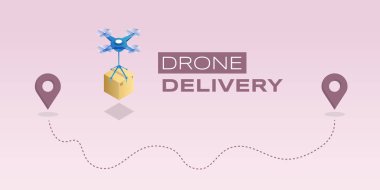 Drone dağıtım düz pankart vektör şablonu. Modern ulaşım işi, sipariş dağıtım servisi poster tasarımı. Kuadrokopter tipografi ile izometrik illüstrasyon rotasında paket teslim ediyor