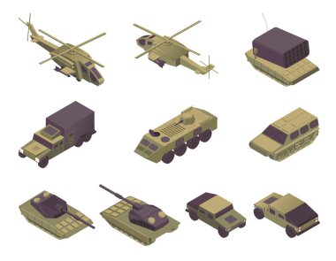 Military vehicles isometric vector illustrations set. Modern army transport, armored aircrafts, personal carriers and heavy weapons. Helicopters, APC, rocket missile launcher, truck and tanks clipart