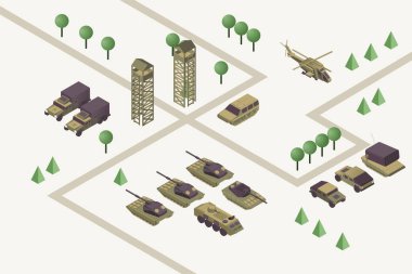 Askeri baz izometrik vektör çizimi. Gözetleme kuleleri, ağır silahları, zırhlı helikopteri ve kara araçları olan askeri eğitim kampı. Modern savaş alanı, silahlı çatışma konsepti