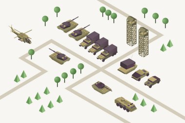 Askeri kamp izometrik vektör çizimi. Gözetleme kuleleri, ağır makineler, zırhlı helikopter, roket atarlar ve tanklarla savaş alanı. Modern savaş alanı, silahlı çatışma