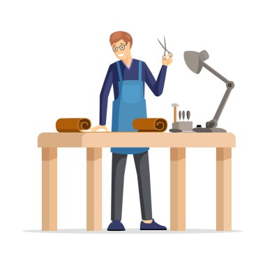Professional tanner, skinner flat vector illustration. Young craftsman, happy leather workshop employee in apron cartoon character. Guy cutting leather with scissors, craftsmanship design element clipart