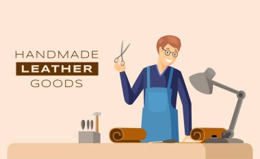 WebHandmade leather goods banner vector template. Professional craftsmanship service, skinner workshop advertising poster concept. Tanner working with scissors illustration with typography clipart