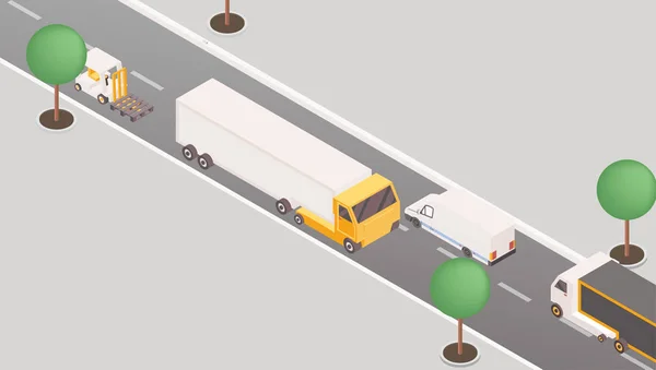 Lastwagen und Lieferwagen auf der Autobahn isometrische Illustration. 3D-Lastkraftwagen, Transportmittel, Straßenverkehrskonzept. Postzustellung, Logistikunternehmen internationaler Paketversand — Stockvektor