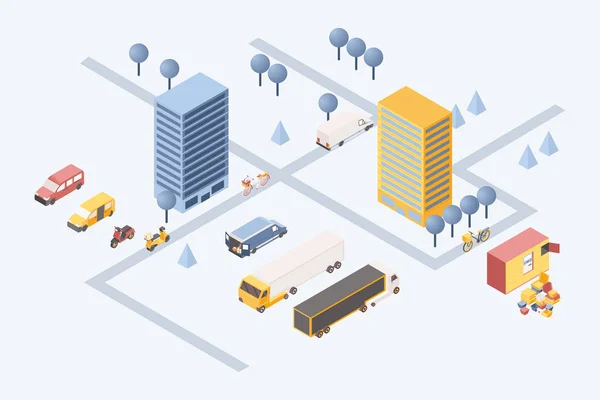 City goods delivery isometric illustration. 3d residential area with cargo vehicles, vans and scooters transporting boxes. Logistic company warehouse with parcels stack and trucks outdoors — 스톡 벡터