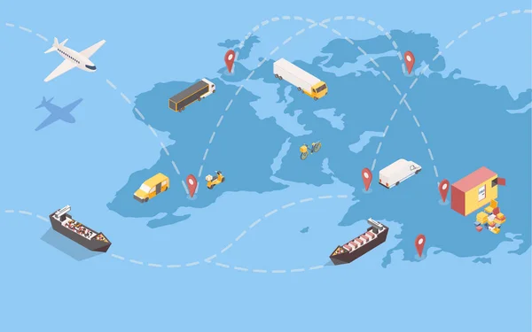 Ilustración isométrica mundial del envío de mercancías. Servicio de entrega global con rutas comerciales internacionales y diversos medios de transporte. Empresa logística transporte transatlántico de mercancías — Vector de stock