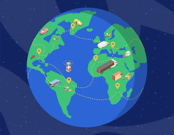 Isometrische Darstellung des globalen Lieferdienstes. Planet Erde im All mit Frachtfahrzeugen, Drohnen, die Pakete über Kontinente hinweg transportieren. Logistikunternehmen, internationaler Warenversand — Stockvektor
