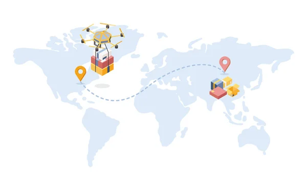 Illustration isométrique de la livraison internationale de drones. Carte cartographique avec itinéraire d'expédition, géotags pour véhicule aérien futuriste. Service postal, société logistique, expédition express mondiale — Image vectorielle