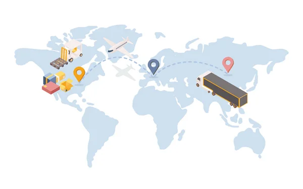 Ilustracja izometryczna towarów transatlantyckich. Międzynarodowa firma logistyczna z terminalem transportowym w Europie. Koncepcja globalnego szlaku handlowego, ładunku i usług transportu lotniczego — Wektor stockowy