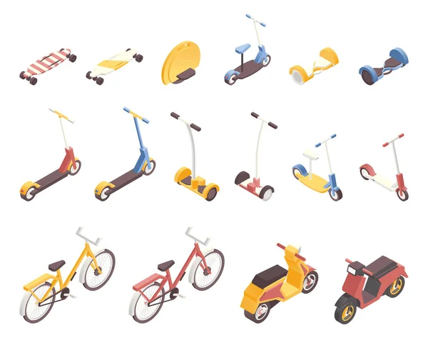 Modern city transport isometric illustrations set. Contemporary vehicles, urban travel means design elements pack. Bicycles, scooters, self balancing boards, monowheel, skateboards and gyroscooters — 스톡 벡터