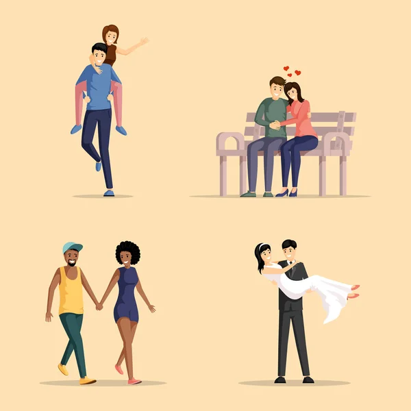 Happy couples flat vector illustrations set. Men and women in love bonding together cartoon characters pack. Girlfriends and boyfriends having fun, hugging, holding hands, husband carrying wife — 스톡 벡터