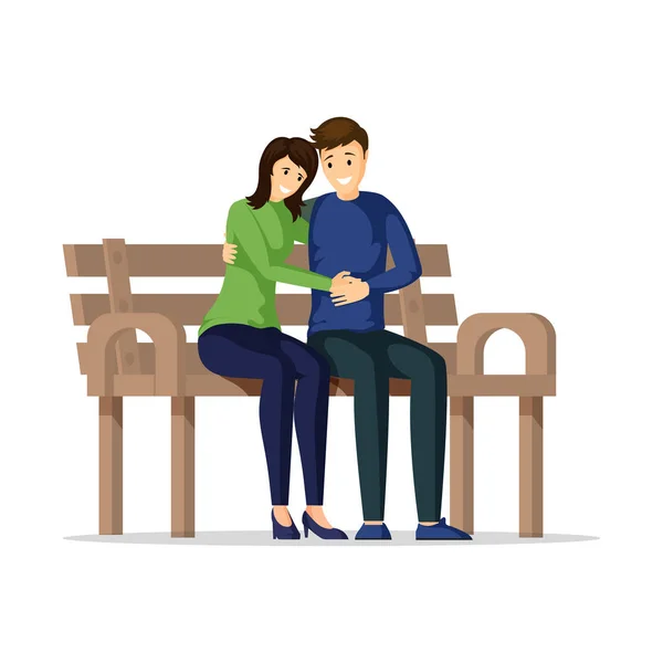 Unga par kramar platt vektor illustration. Glad flickvän och pojkvän sitter på bänken och kramar seriefigurer. Man och kvinna umgås, älskare på romantisk dejt — Stock vektor