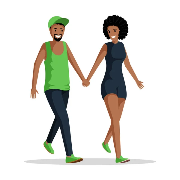 El ele tutuşan insanlar düz vektör çizimi. Genç Afrikalı Amerikalı çift çizgi film karakterleriyle vakit geçiriyor. Mutlu evli çift, karı koca yürüyüş, romantik randevu. — Stok Vektör