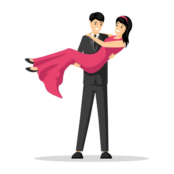 Man carrying woman flat vector illustration. Happy boyfriend in suit holding girlfriend in evening gown cartoon characters. Romantic gesture, valentine day celebration, wedding party design element — 스톡 벡터