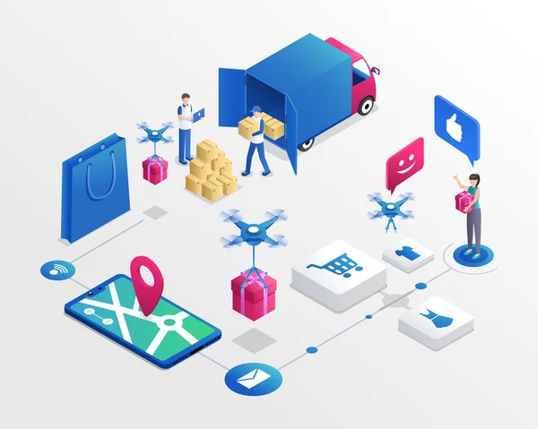 Online shopping system isometric vector illustration. Delivery service workers and happy customer cartoon characters. Drone delivering purchase, modern transportation business, e shopping concept — 스톡 벡터