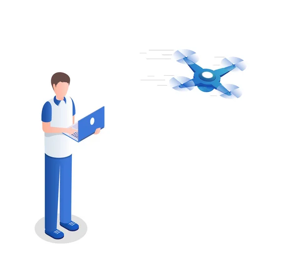 Guy controlling quadrocopter isometric vector illustration. Young man with laptop using unmanned copter cartoon character. Delivery service innovation, wireless technology, drone racing preparation — 스톡 벡터