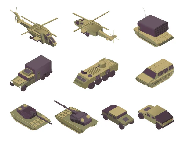 Isometrische vectorafbeeldingen van militaire voertuigen ingesteld. Modern legertransport, gepantserde vliegtuigen, persoonlijke dragers en zware wapens. Helikopters, Apc, raketwerper, vrachtwagen en tanks — Stockvector