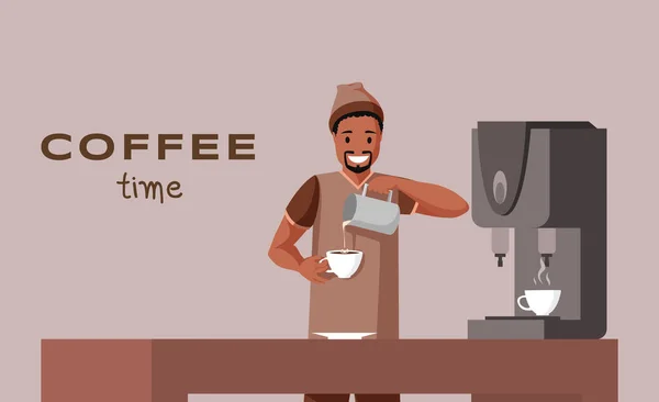 Coffee time flat banner vector template. Barista profession, coffee shop, cafe advertising poster concept. Young african american man making delicious drink illustration with typography — 스톡 벡터