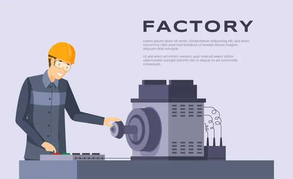 Factory flat banner vector template. Workbench operator job, employment and labor industry poster design. Manufacturing plant worker, production engineer illustration with typography — 스톡 벡터