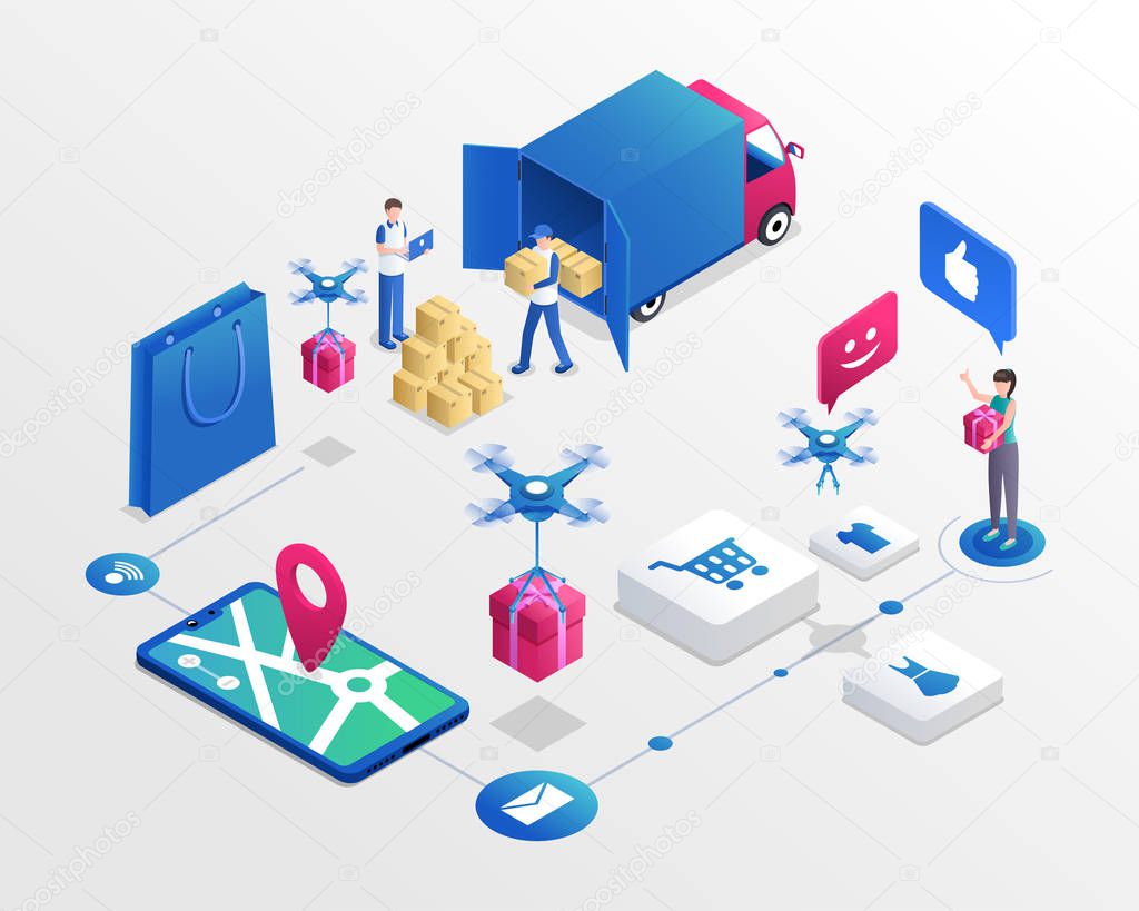 Online shopping system isometric vector illustration. Delivery service workers and happy customer cartoon characters. Drone delivering purchase, modern transportation business, e shopping concept