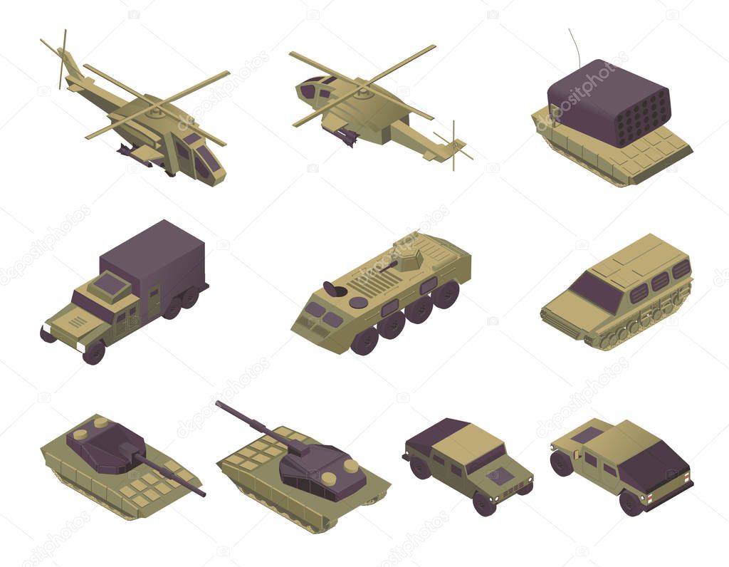 Military vehicles isometric vector illustrations set. Modern army transport, armored aircrafts, personal carriers and heavy weapons. Helicopters, APC, rocket missile launcher, truck and tanks