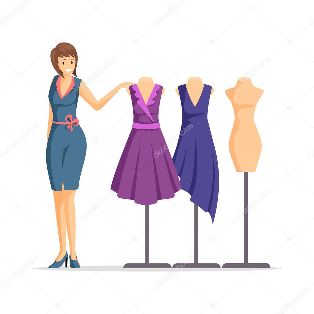 Female fashion designer flat vector illustration. Cheerful dressmaker, clothing seller, model cartoon character. Garments designer and mannequins with dresses isolated on white background