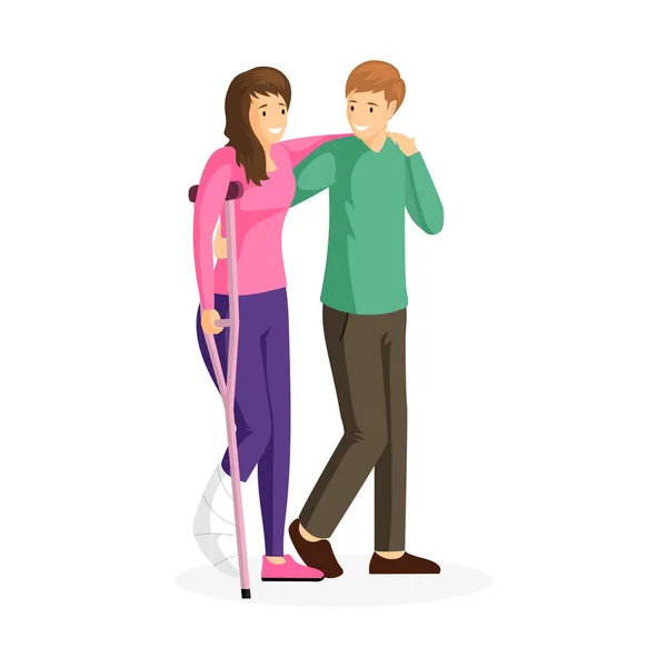 Травма, травма реабилитации плоский вектор иллюстрация. Счастливая молодая пара, улыбающиеся мужчина и женщина со сломанными ногами мультяшных персонажей. Муж помогает жене на костылях, помогает дизайнерскому элементу — стоковый вектор