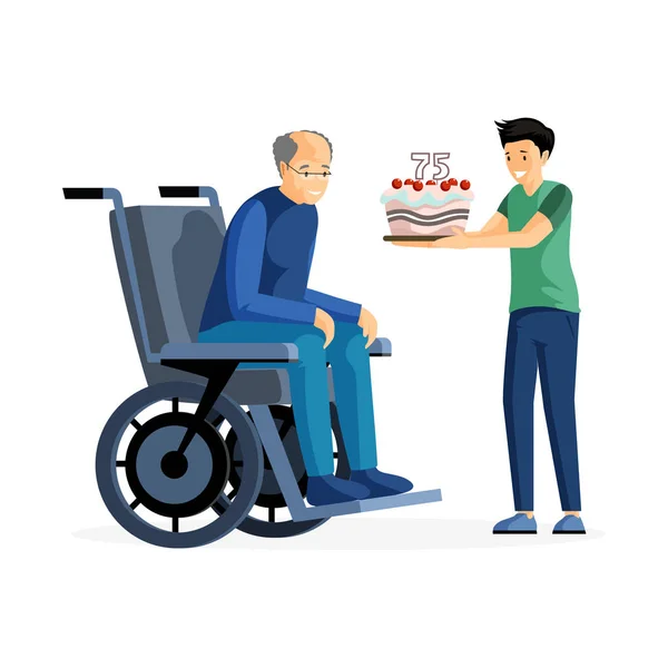 Anniversary celebration flat vector illustration. Happy senior adult in wheelchair and kid with cake cartoon characters. Grandson congratulating grandfather with birthday, family care and support — 스톡 벡터