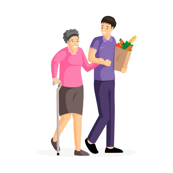 Guy helping old lady vector illustration. Happy aged woman and young man walking together cartoon characters. Son carrying grocery for aged mother, elderly care, family support design element — 스톡 벡터