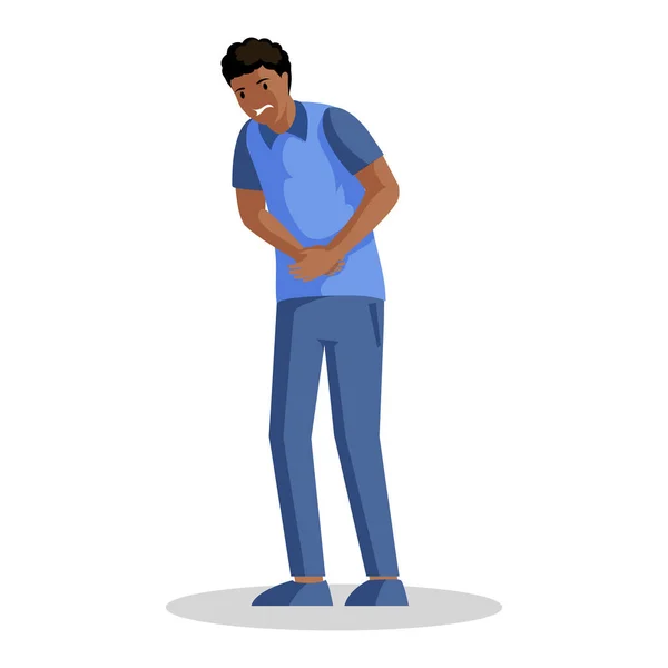 Chlap s vektorovou ilustrací bolesti břicha. Mladý africký Američan trpí bolesti břicha karikatura charakter. Infekce břicha, zácpa, zažívací potíže, zdravotnický problém designový prvek — Stockový vektor
