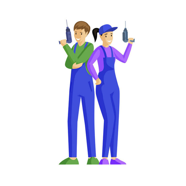 Repair service workers flat vector illustration. Repairman in overalls holding electric drill cartoon character. Technicians, handymen team with professional equipment isolated on white background