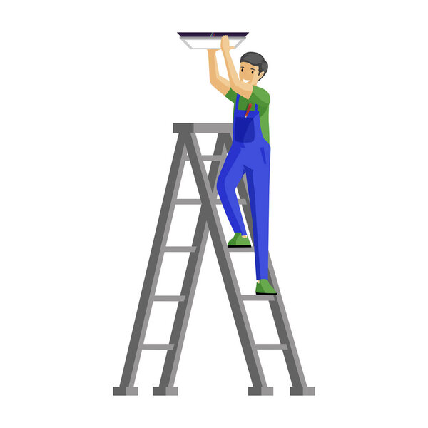 Repairman fitting lamp flat vector illustration. Cheerful male electrician standing on ladder cartoon character. Handyman in uniform fixing lamp to ceiling isolated on white background