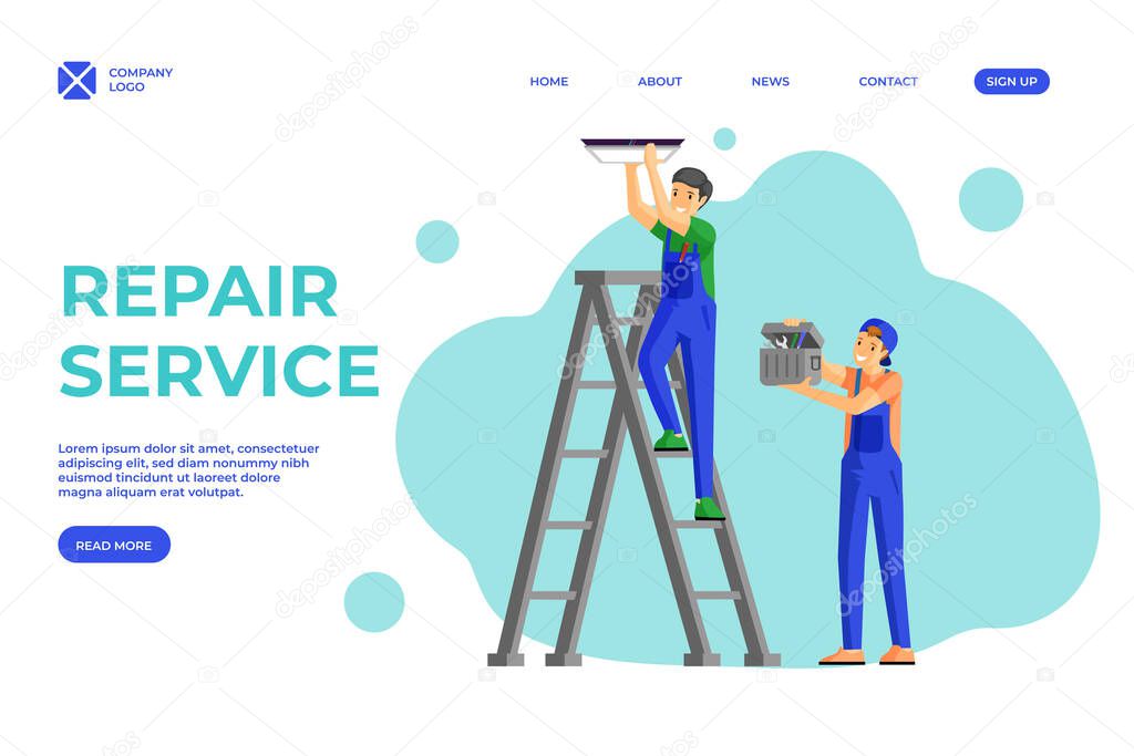 Electricians services flat landing page template. Workman fitting lamp to ceiling standing on ladder, assistant holding toolbox. House renovation handymen team promotional website page layout