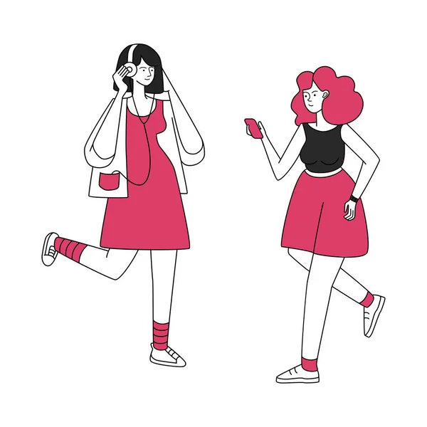 Běžící dívky s vektorovou ilustrací pro sluchátka. Aktivní volný čas, procházka k hudbě. Mladé ženy poslouchající hudbu, ženy se sluchátky ploché obrysové postavy izolované na bílém pozadí — Stockový vektor
