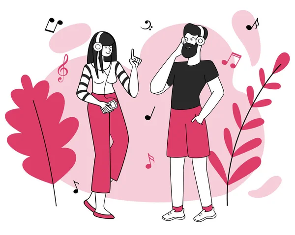 Amigos, sonriendo joven pareja vector ilustración. Placer, diversión musical, buen humor. Niño y niña con auriculares, hombre y mujer escuchando canciones aisladas personajes de contorno plano — Vector de stock