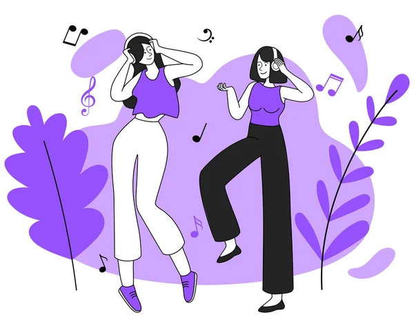Chicas bailando con auriculares ilustración vector. Movimientos rítmicos, relajación, emociones positivas. Mujeres sonrientes escuchando música personajes de contorno plano aislados sobre fondo blanco — Vector de stock