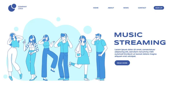 Streaming musicale, preferenze delle persone landing page modello vettoriale. Ascoltatori di musica maschile e femminile, persone con cuffie caratteri contorno piatto. Evento musicale banner web homepage design layout — Vettoriale Stock