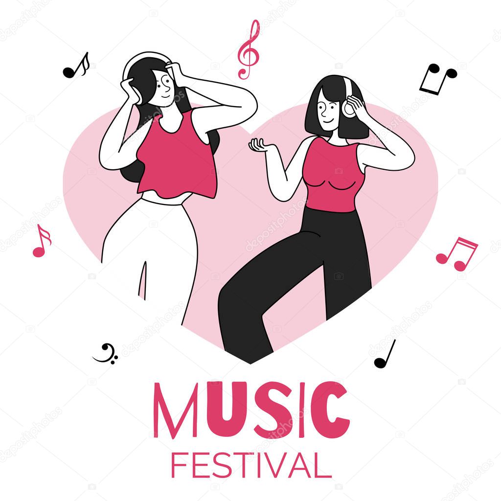 Dancing girls in heart shape border vector illustration. Music festival, disco party, event. Young women with headphones, people listening to music flat contour characters isolated on white background