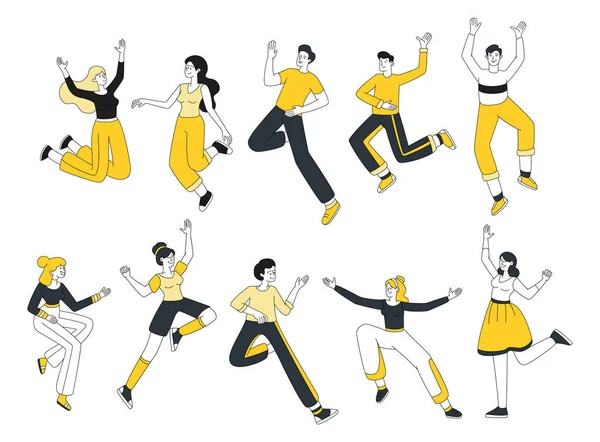 Los jóvenes bailando ilustraciones vectoriales conjunto. Hombres y mujeres alegres en ropa casual paquete de personajes de dibujos animados. Gente alegre saltando en la emoción, elementos de diseño de celebración emocional — Archivo Imágenes Vectoriales