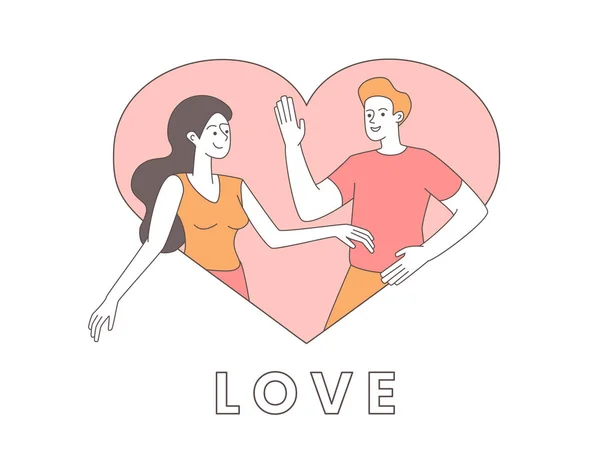 Couple in heart shaped frame illustration. Happy pair in relationship, girlfriend and boyfriend cartoon characters. Valentine day greeting card, romantic holiday postcard design element — 스톡 벡터