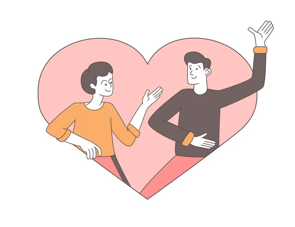 Pareja en el amor contorno vector ilustración. Feliz hombre y mujer en forma de corazón marco, novia y novio personajes de dibujos animados. Concepto de relación romántica, elemento de diseño de postal de San Valentín — Archivo Imágenes Vectoriales