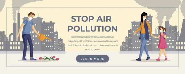 Stop air pollution web banner template. Environment protection, preventing carbon dioxide emission, urban industrial smogs horizontal landing page. People in respirators cartoon characters — Stock Vector