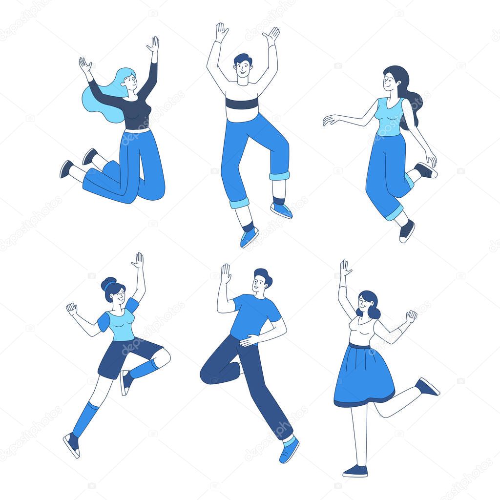 Happy people jumping vector illustrations set. Joyful friends in casual clothes dancing outline characters. Men and women expressing positive emotions, carefree lifestyle design elements pack