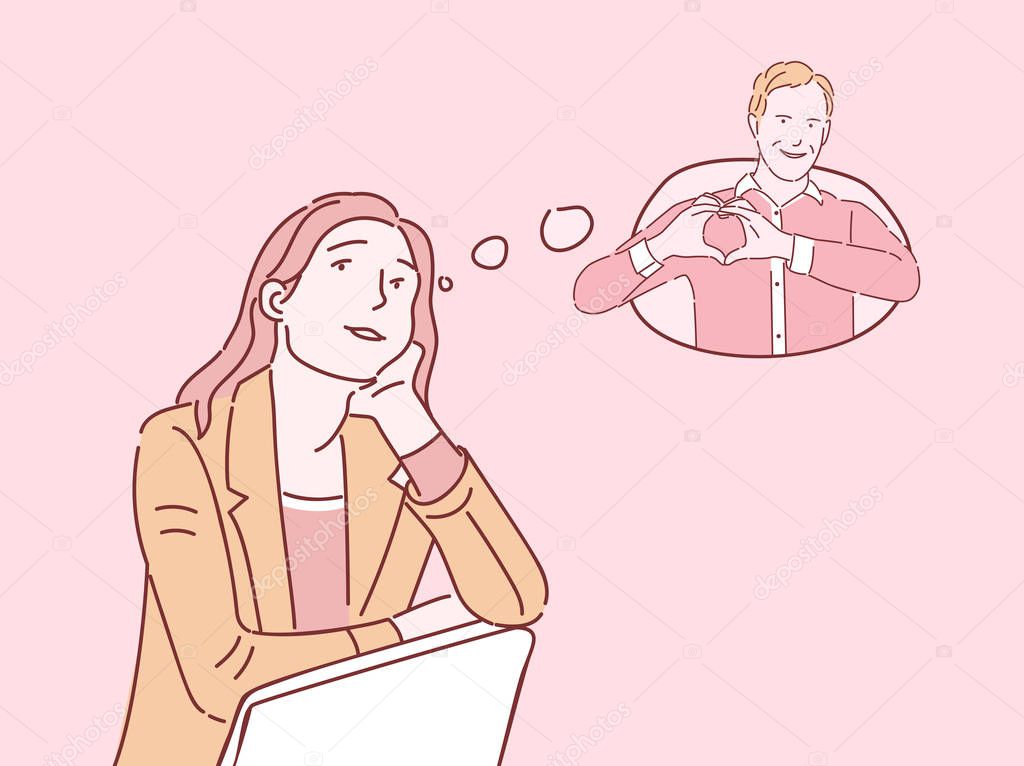 Girl thinking about boyfriend flat color illustration. Young woman imagining sweetheart, romantic dreaming isolated vector cartoon character. Falling in love lady with man inside speech bubble