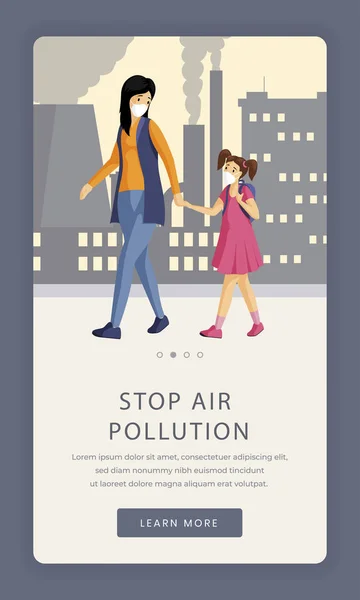 Stop air pollution app screen template. Industrial emissions problem responsive smartphone website with people in respirators flat characters. Protection against urban smog, dust cartoon UI interface — Stock Vector